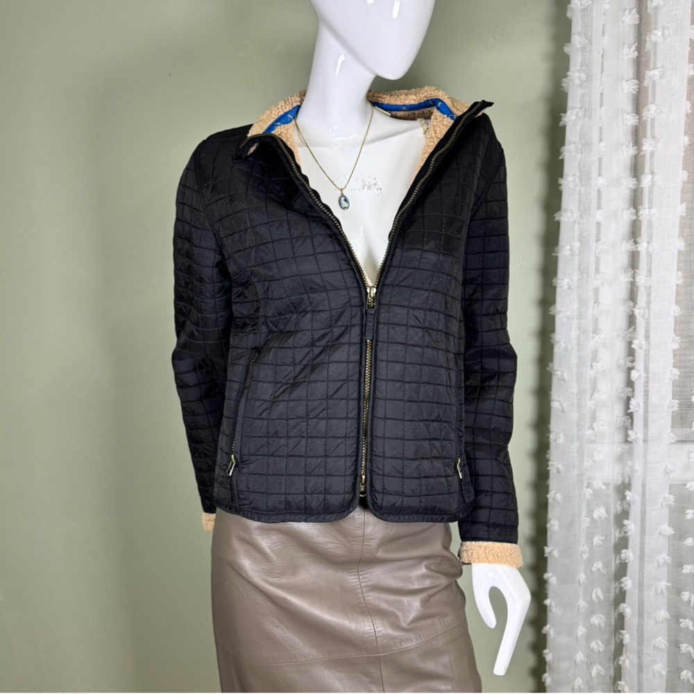 Black Quilted Jacket w Faux Sherpa Lining - Double Zip -‎ Medium